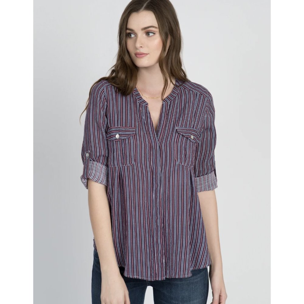 STRIPED TWO POCKET BUTTON DOWN SHIRT | BLUE PURPLE PINK